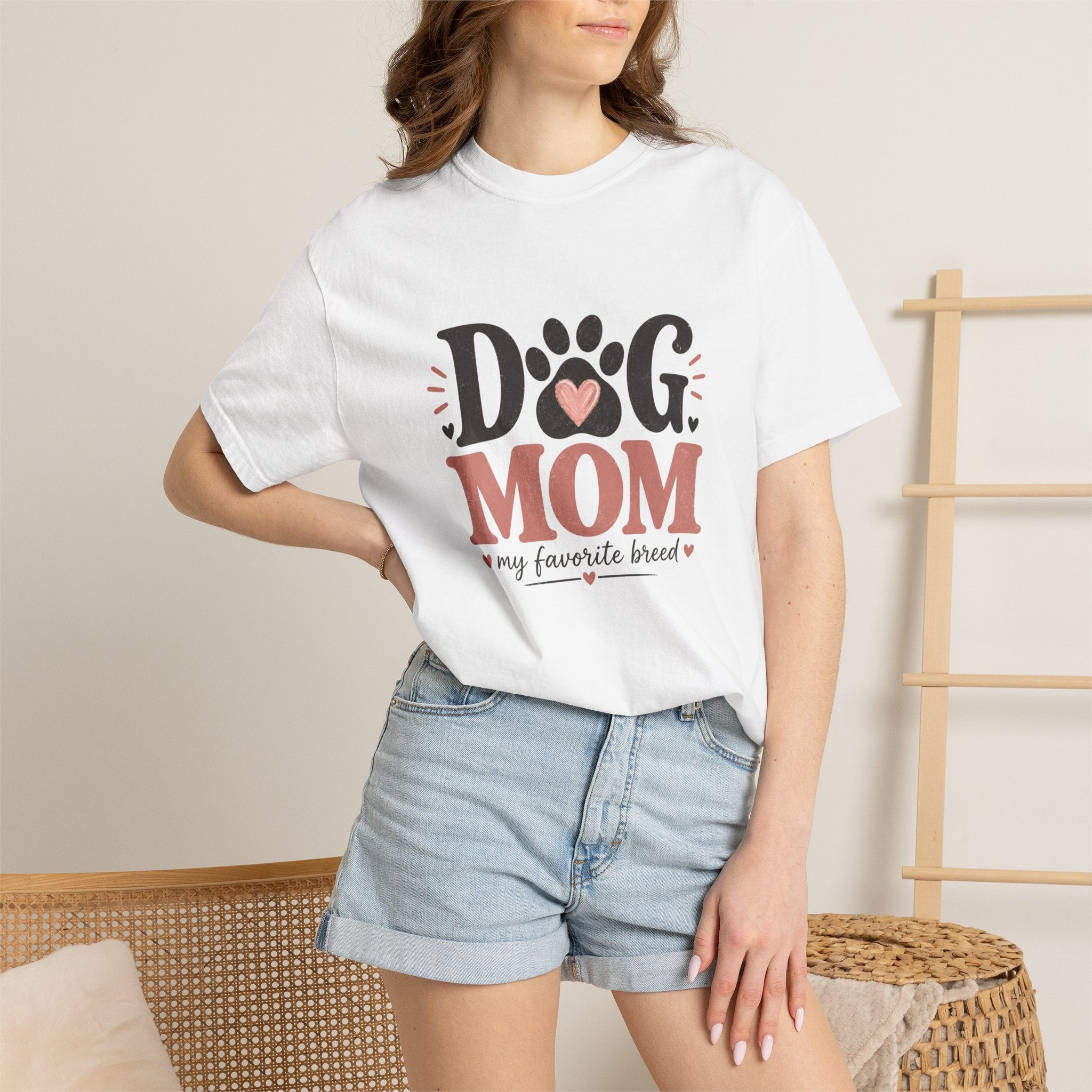 Dog Mom T-Shirt — "Dog Mom My Favorite Breed" Paw Heart Tee