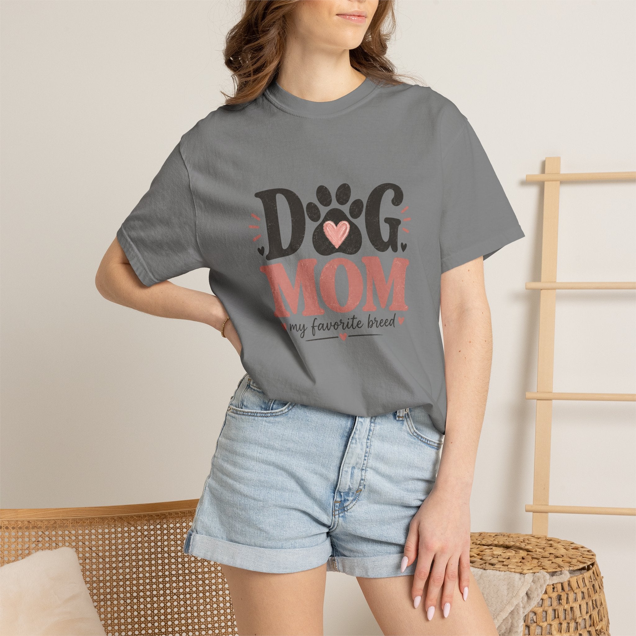 Dog Mom T-Shirt — "Dog Mom My Favorite Breed" Paw Heart Tee