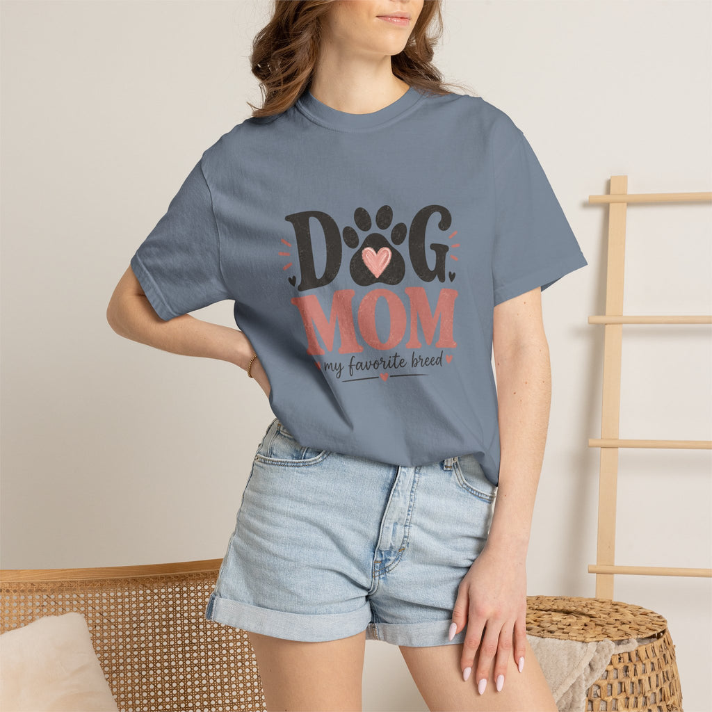 Dog Mom T-Shirt — "Dog Mom My Favorite Breed" Paw Heart Tee
