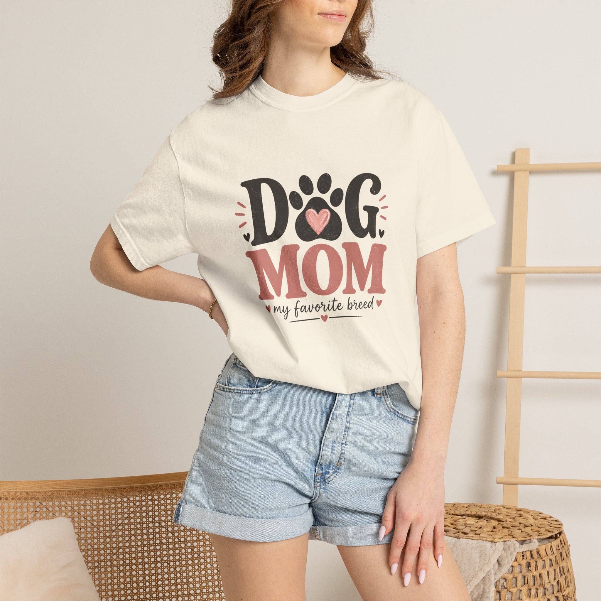 Dog Mom T-Shirt — "Dog Mom My Favorite Breed" Paw Heart Tee