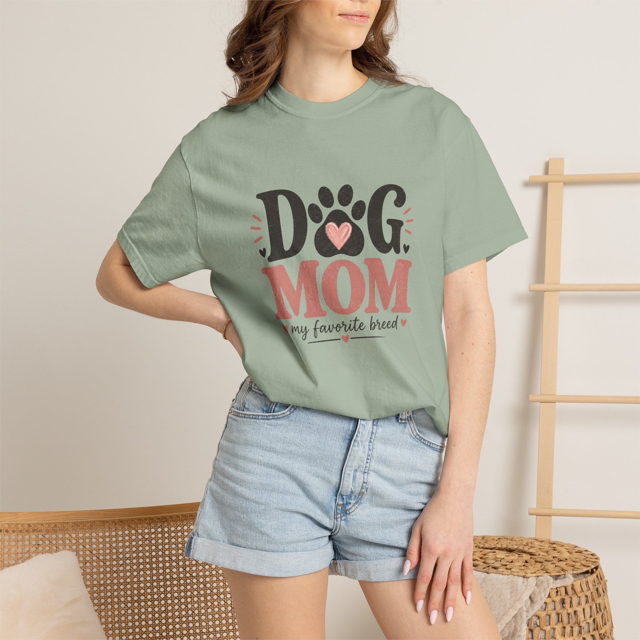 Dog Mom T-Shirt — "Dog Mom My Favorite Breed" Paw Heart Tee