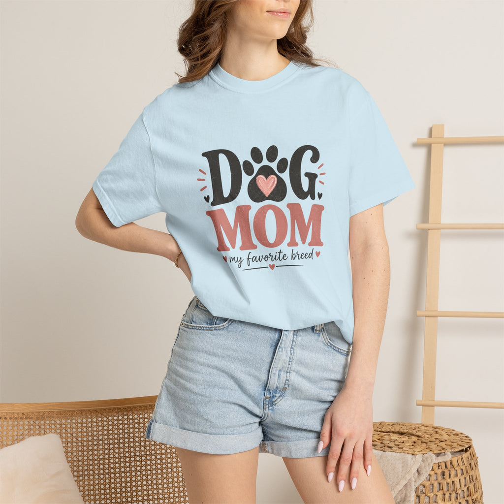 Dog Mom T-Shirt — "Dog Mom My Favorite Breed" Paw Heart Tee